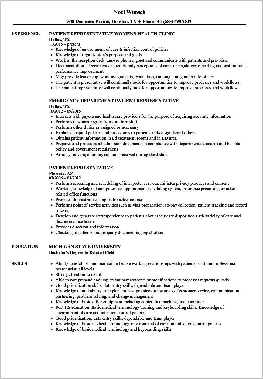 Patient Account Representative Job Description For Resume