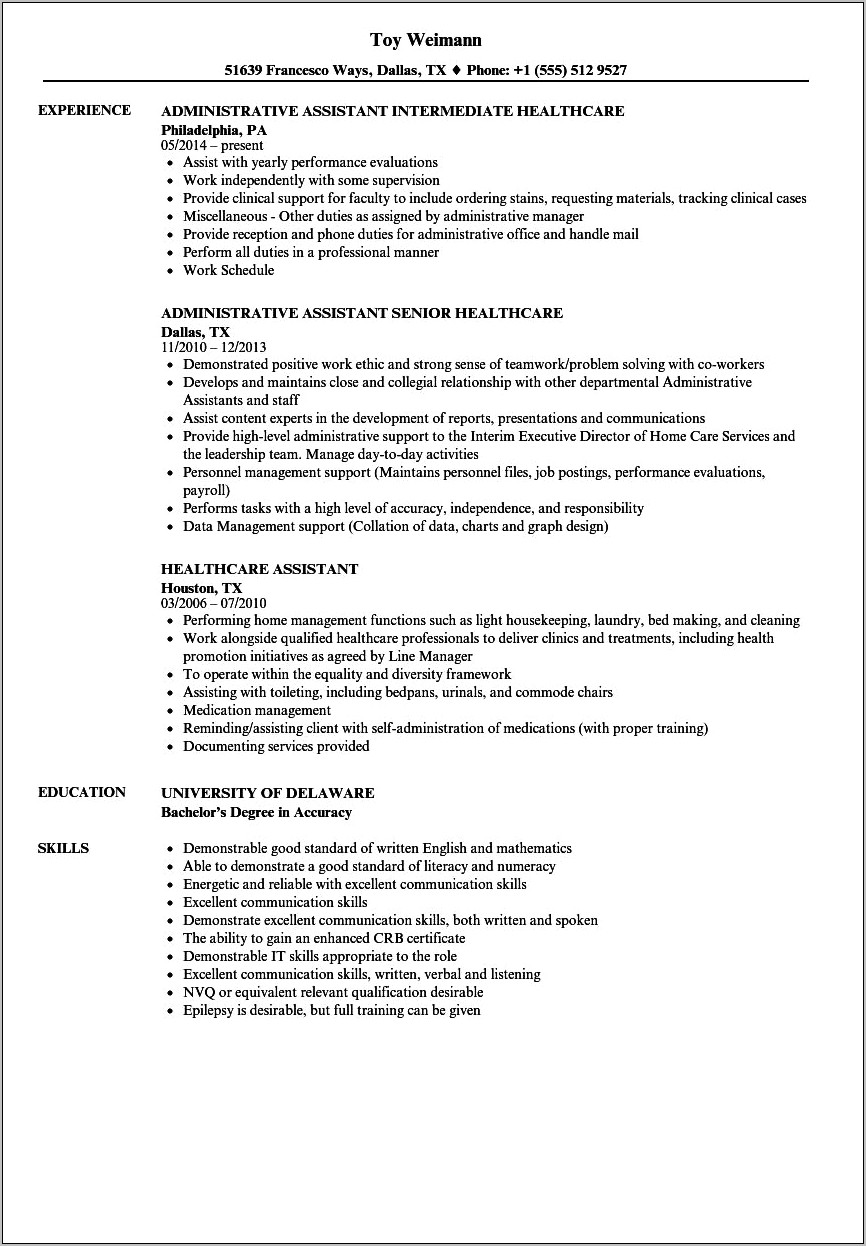 Patient Care Assistant Job Description Resume