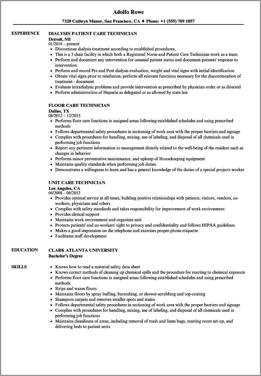Patient Care Tech Job Description For Resume