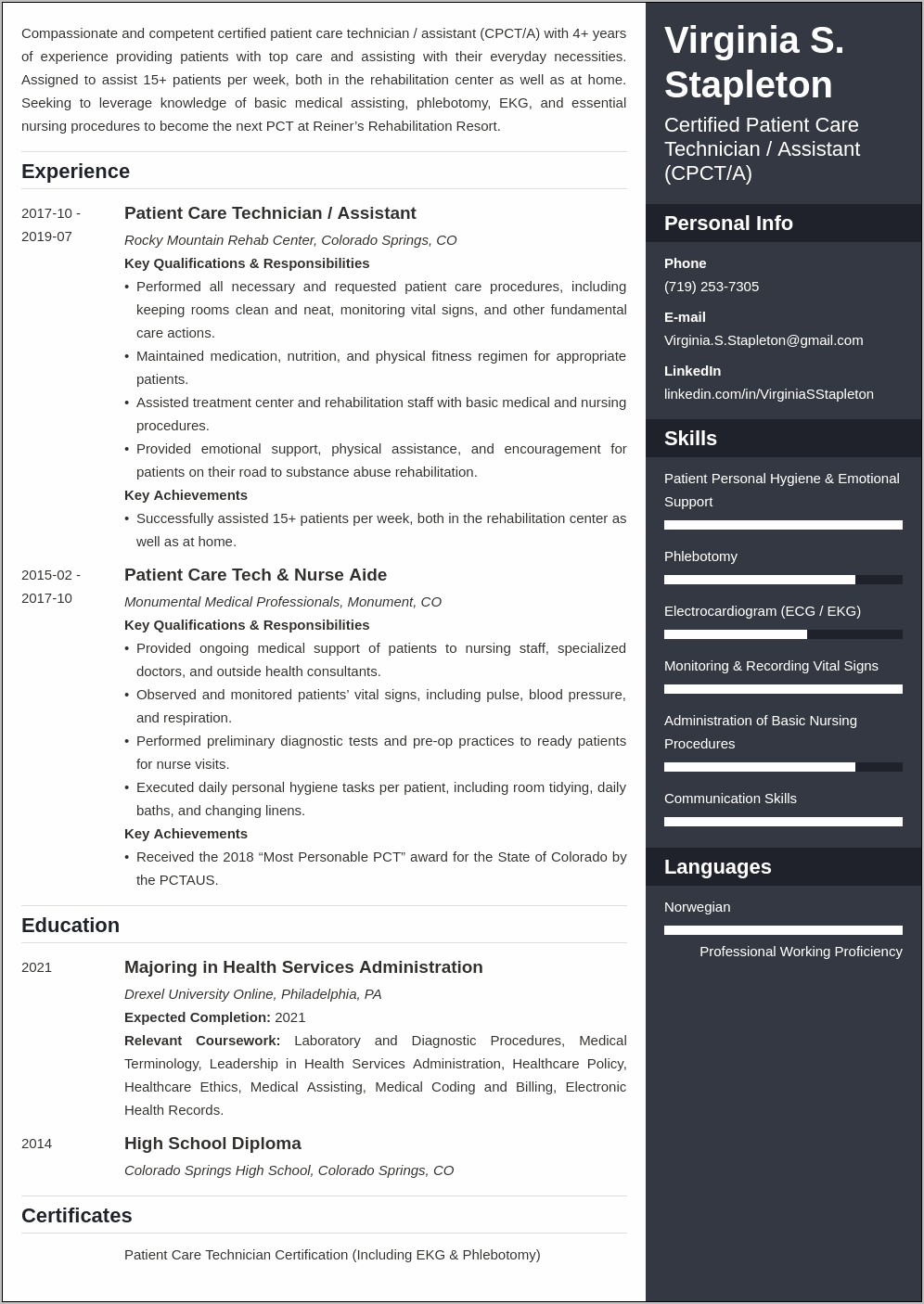 Patient Care Technician Summary For Resume