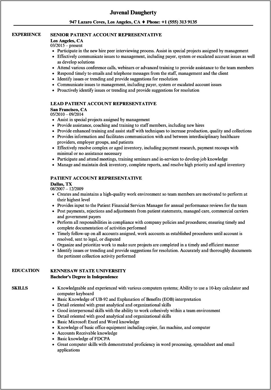 Patient Services Representative Job Description Resume