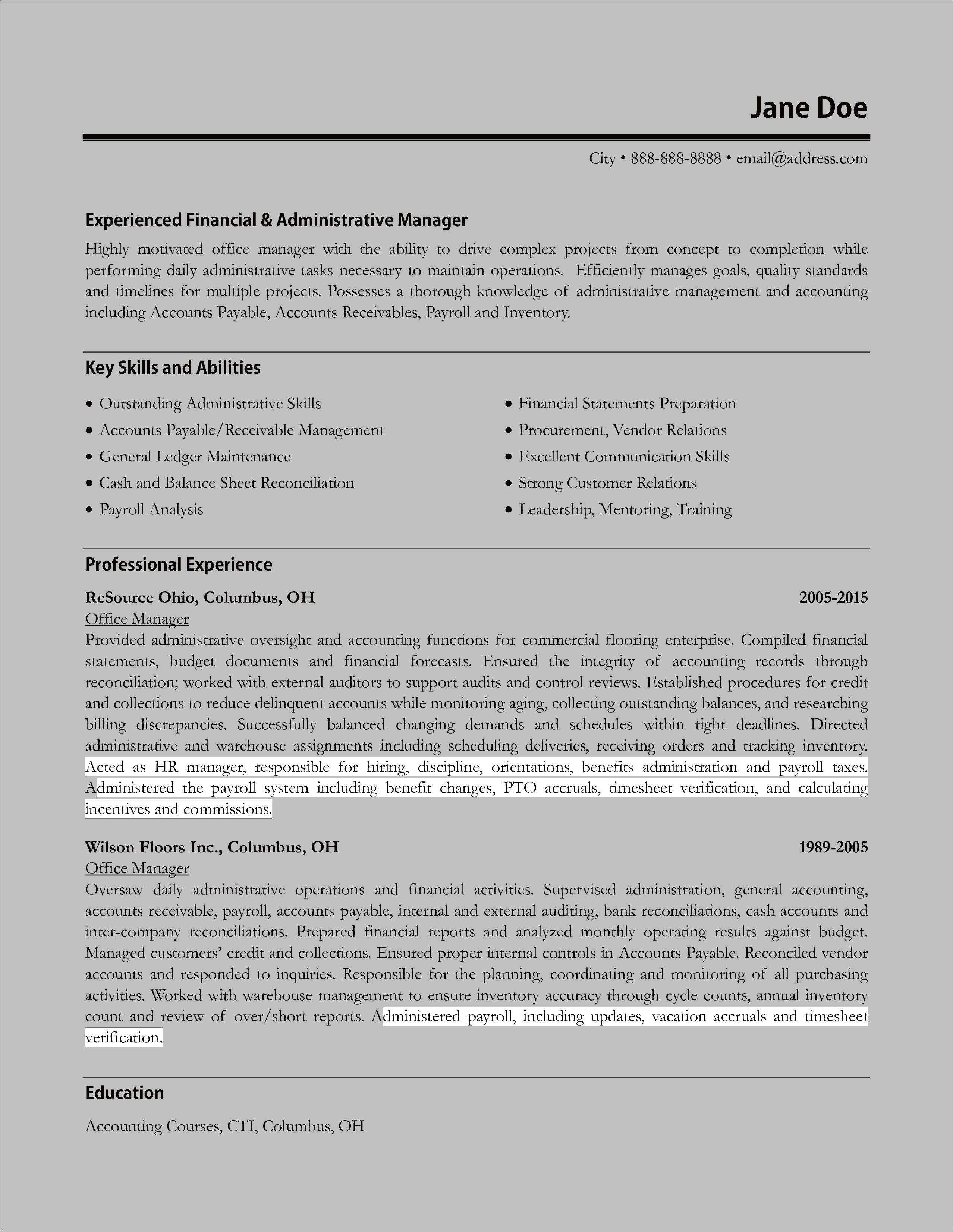 Payroll Acounts Receivable Payable Resume Examples