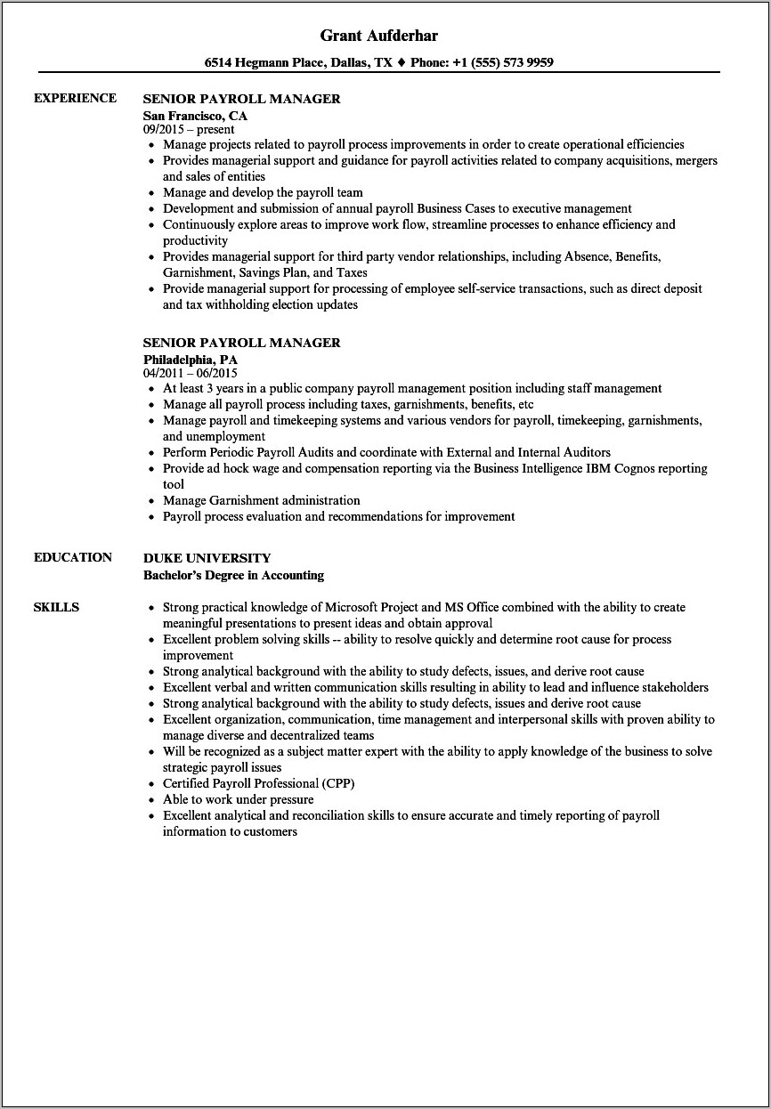 Payroll Administrator Job Description On Resume