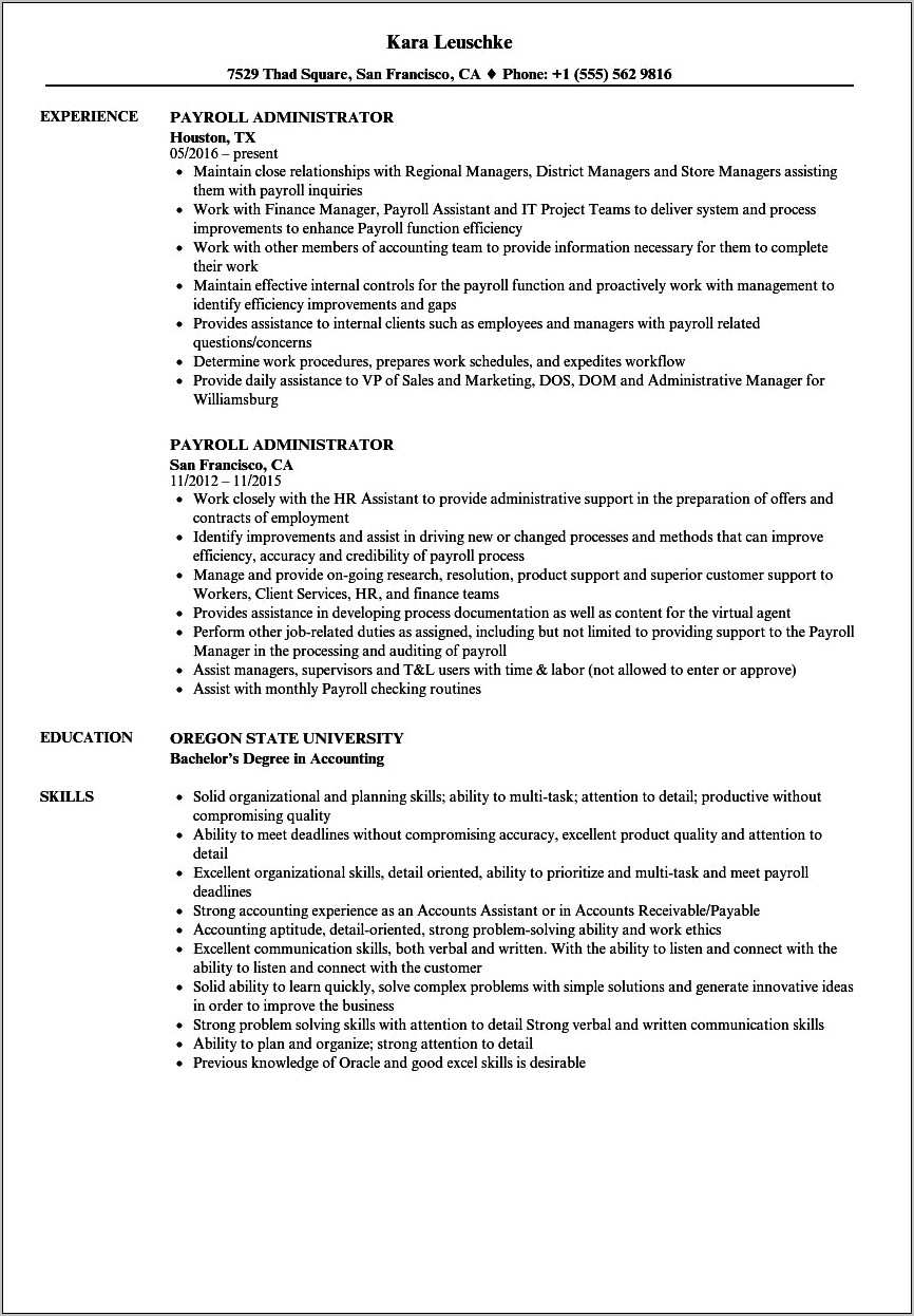 Payroll Administrator Job Description Resume