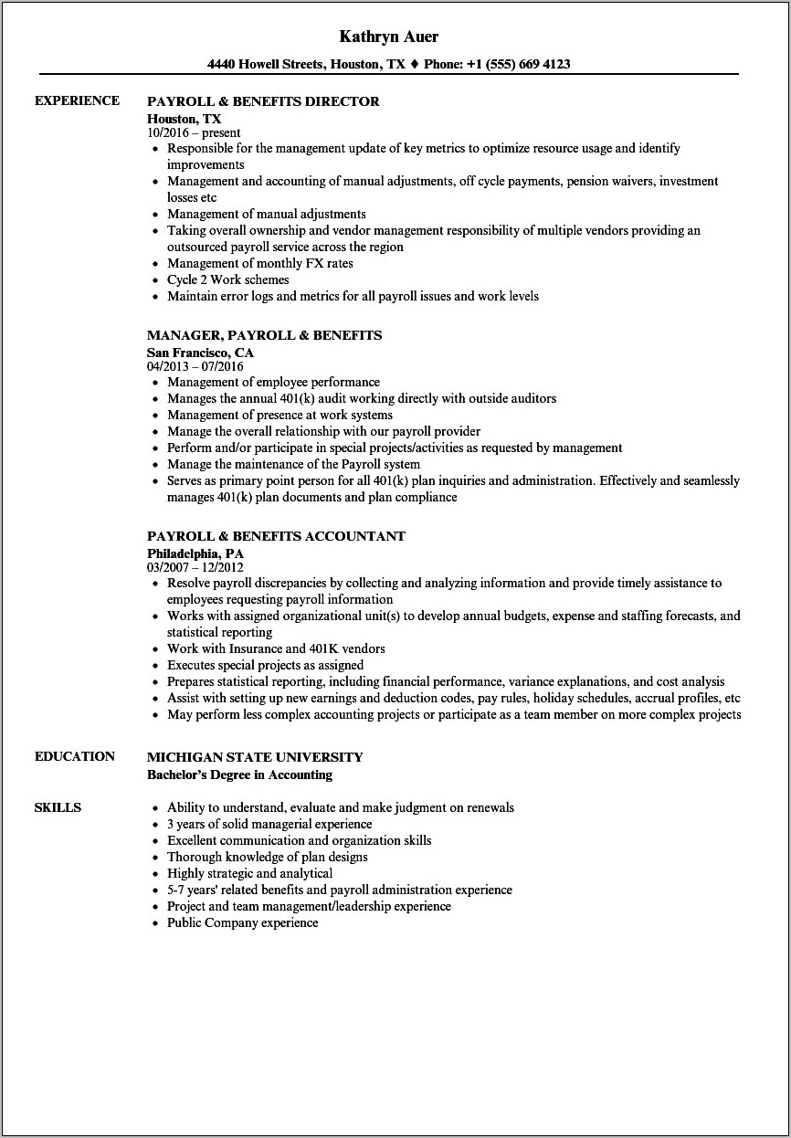Payroll Specialist And Benefits Coordinator Resume Sample