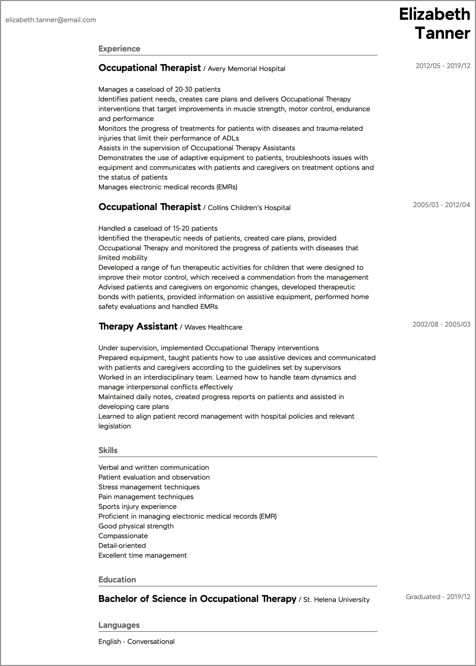 Pediatric Ot Job Description For Resume