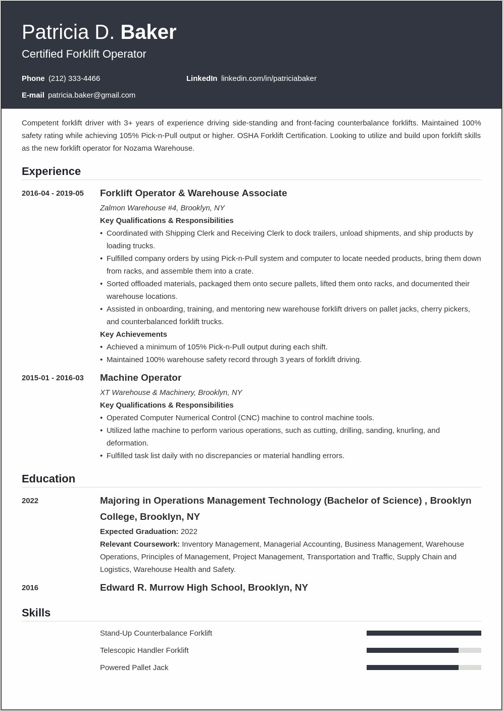 Perfect Fork Lift Operator Resume Example