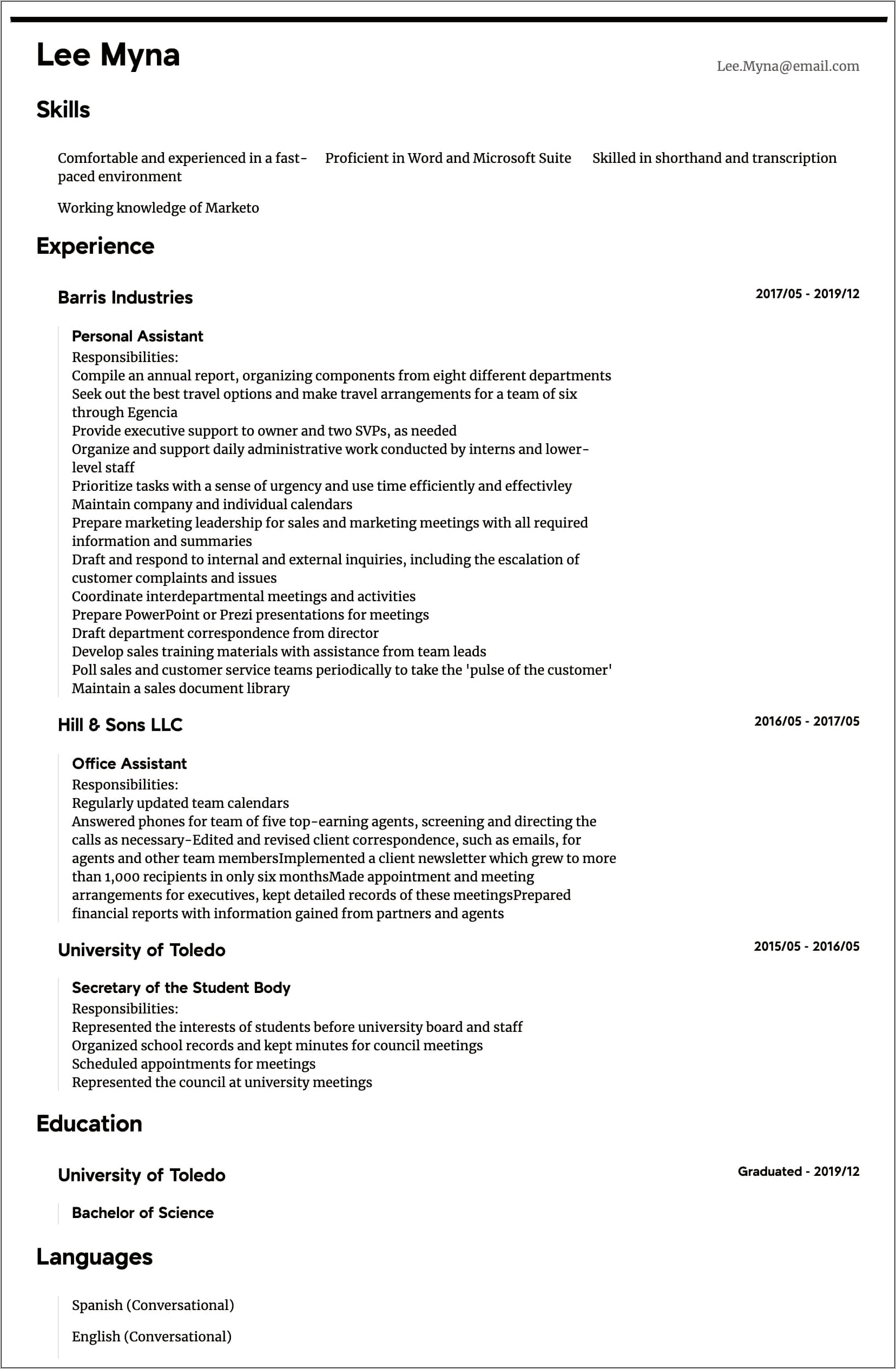 Personal Assistant Resume Examples No Experience