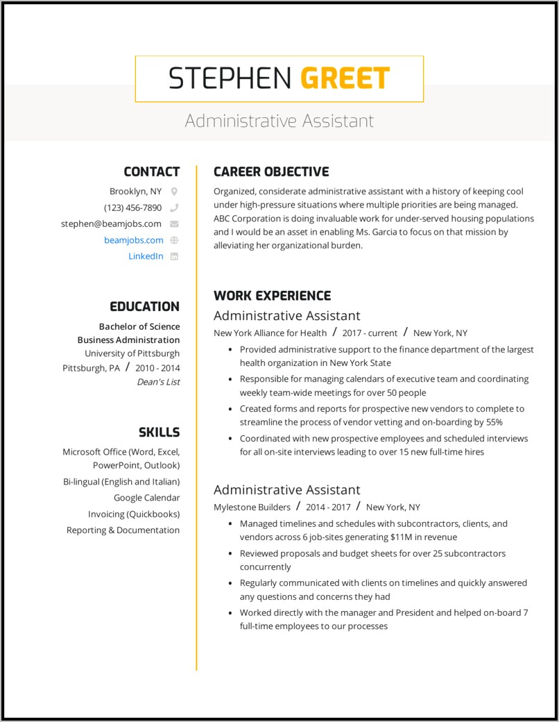 Personal Assistant Resume Objective Example