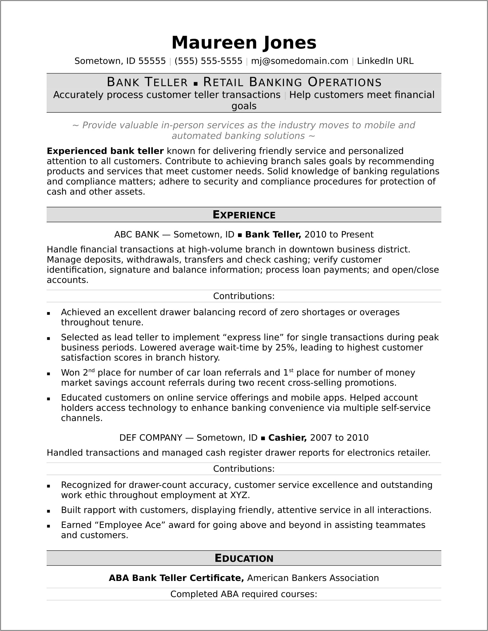 Personal Banker Resume With No Experience