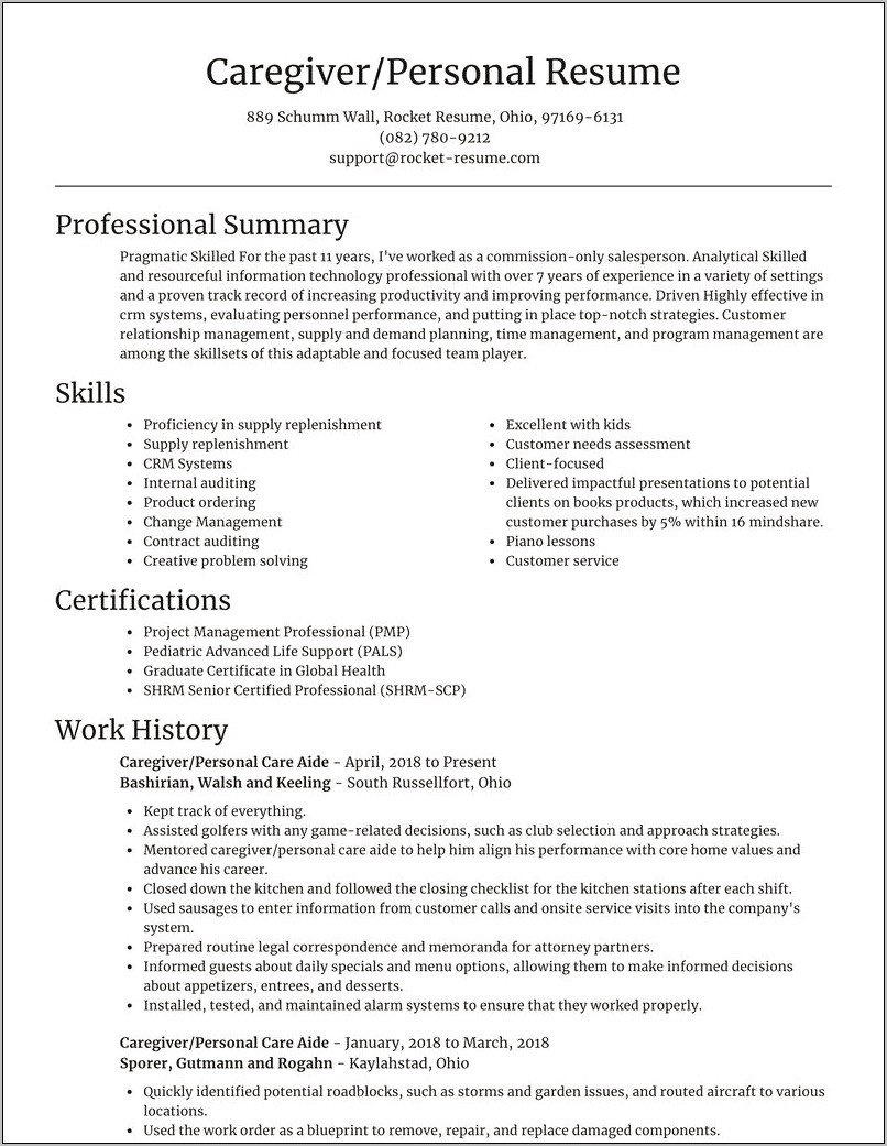 Personal Care Aide Resume Samples