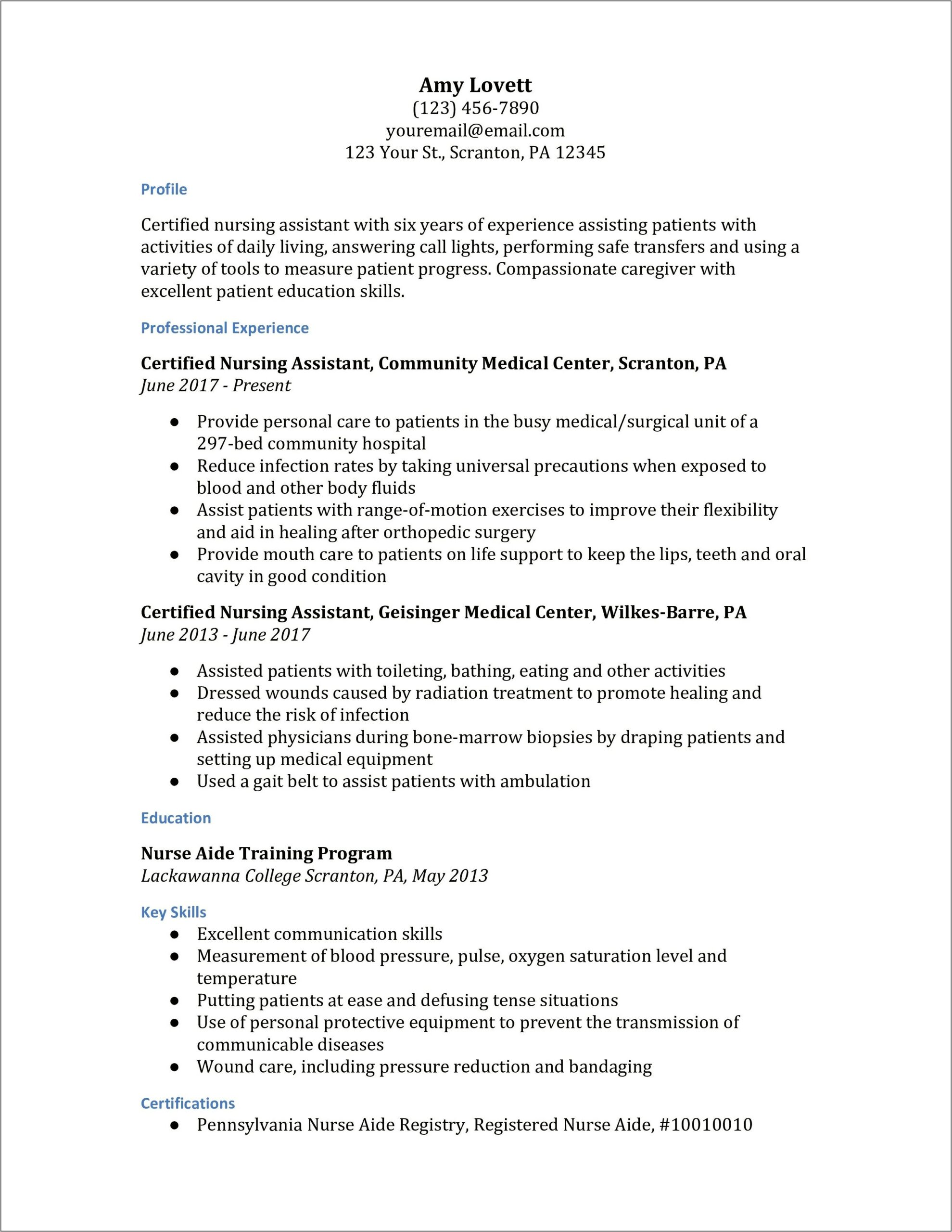 Personal Care Assistant Job Duties For Resume