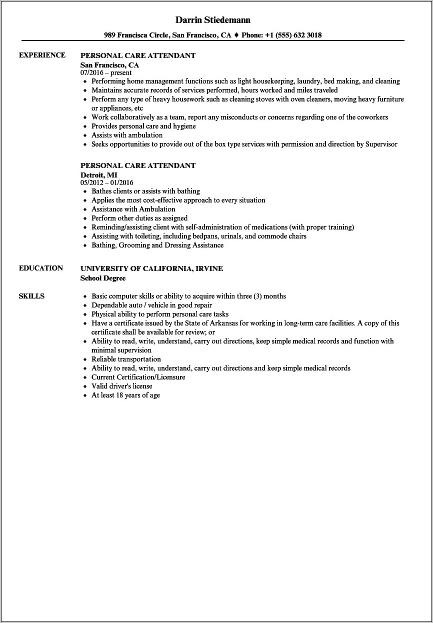 Personal Care Assistant Skills For Resume