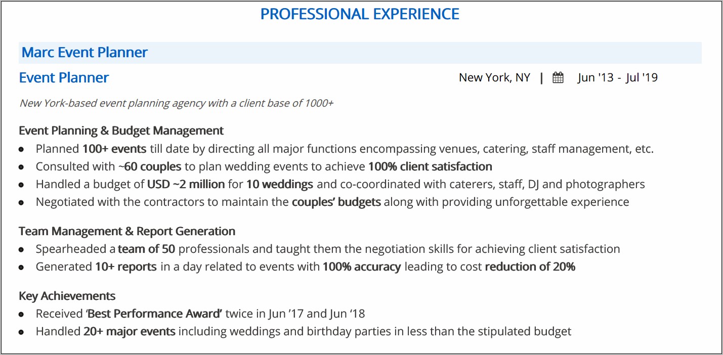 Personal Summary For Event Planner Resume Examples