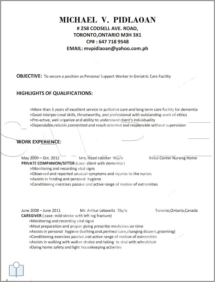 Personal Support Worker Job Description Resume