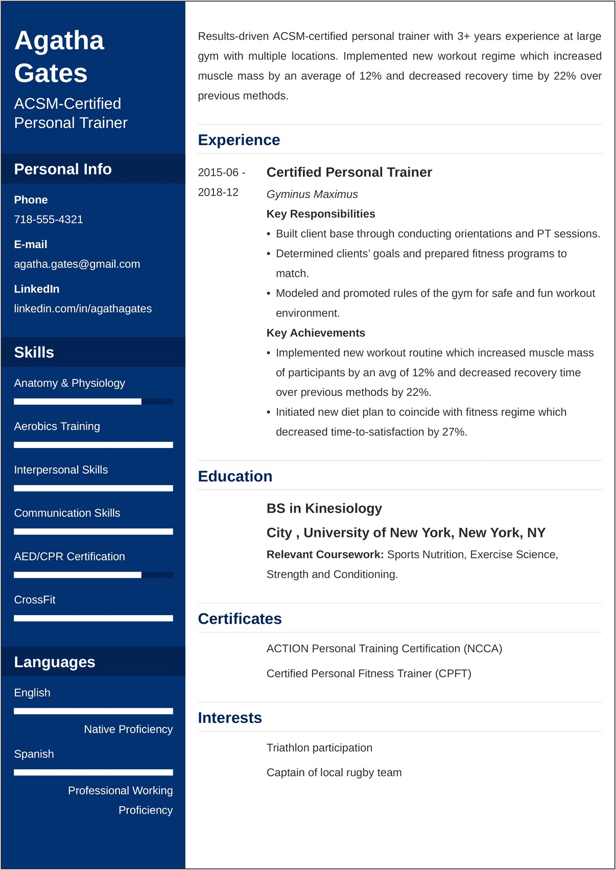 Personal Trainer Fitness Instructor Resume Sample
