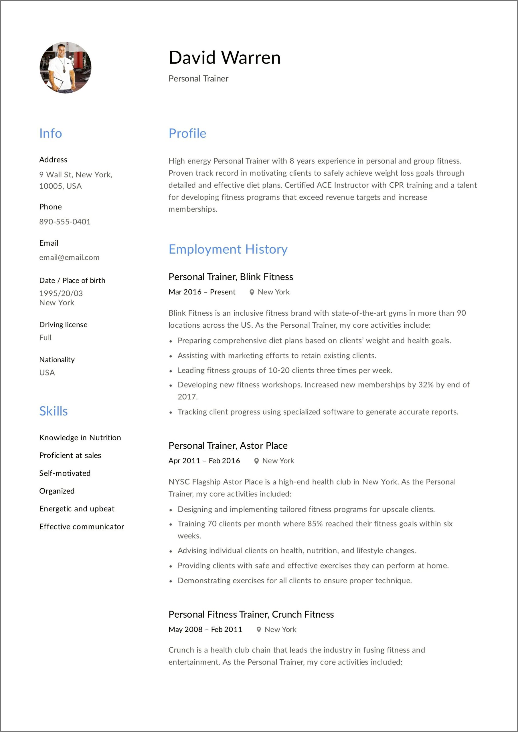 Personal Trainer Resume No Experience Pdf