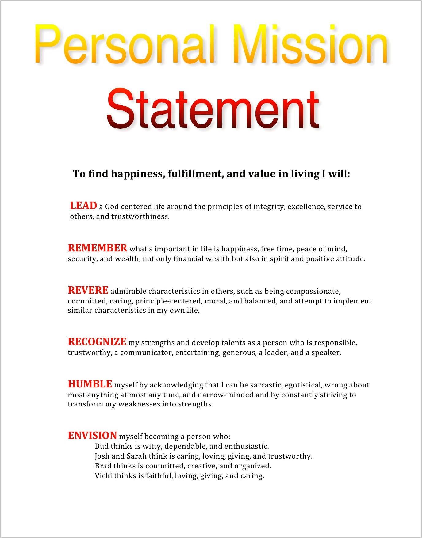 Personal Value Statement Examples For Resume