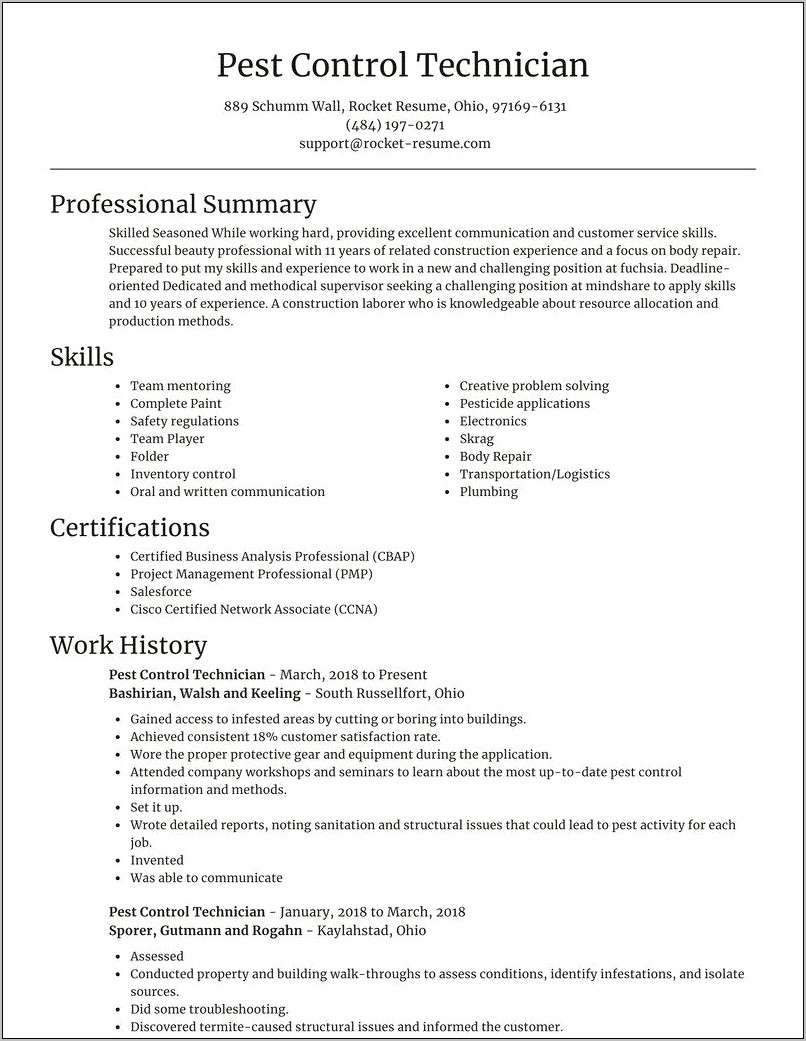 Pest Control Job Description For Resume