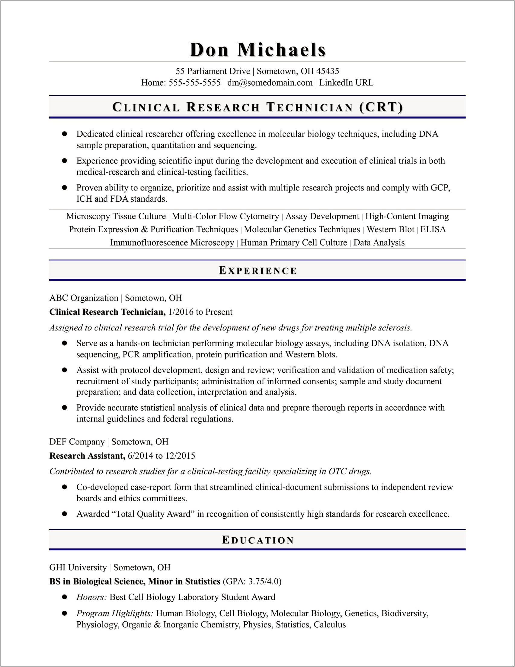 Pharmacitical Reseach Clinical Research Associate Resume Samples