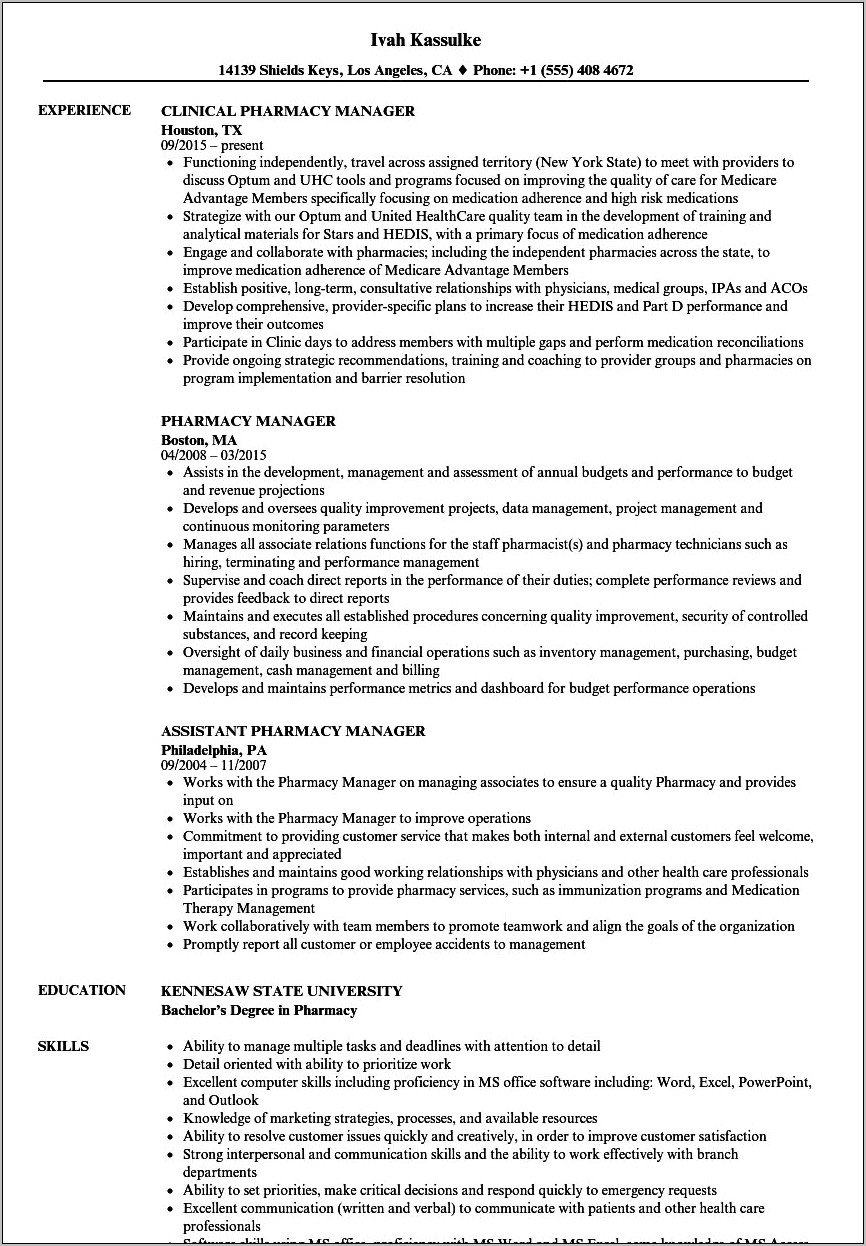 Pharmacy Operations Project Manager Resume