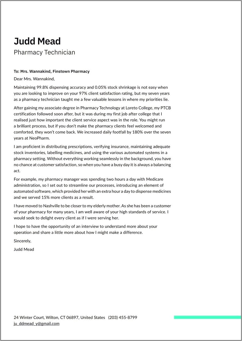 Pharmacy Tech Cover Letter For Resume