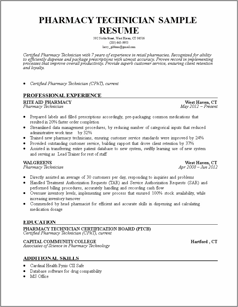 Pharmacy Technician Resume Skills And Responsibilities