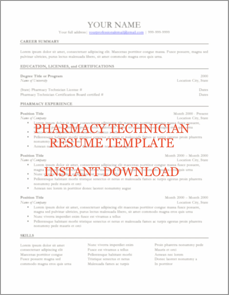 Pharmacy Technician Resume Word Template Free