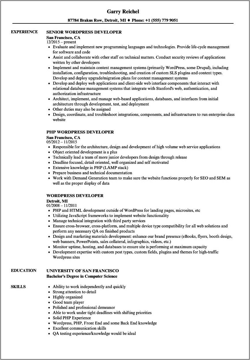 Php Developer 6 Months Experience Resume