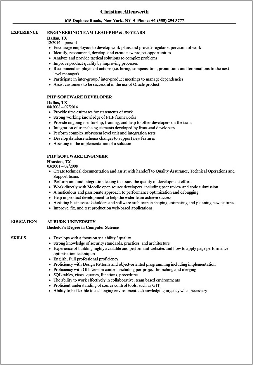Php Resume For 2 Years Experience