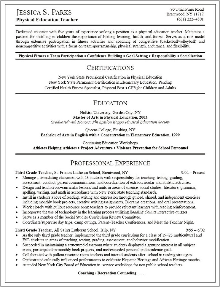 Physical Education Teacher Job Description For Resume