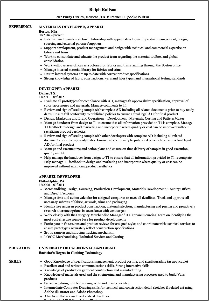Physical Example Of Fashion Industry Resume