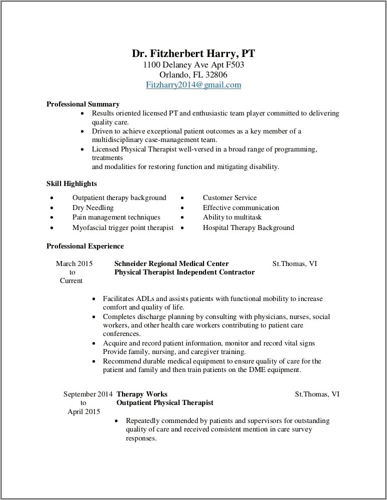 Physical Therapist Home Care Resume Summary