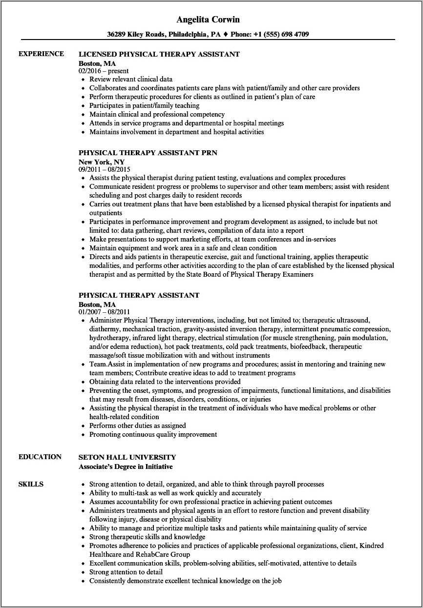 Physical Therapist Outpatient Job Description Resume