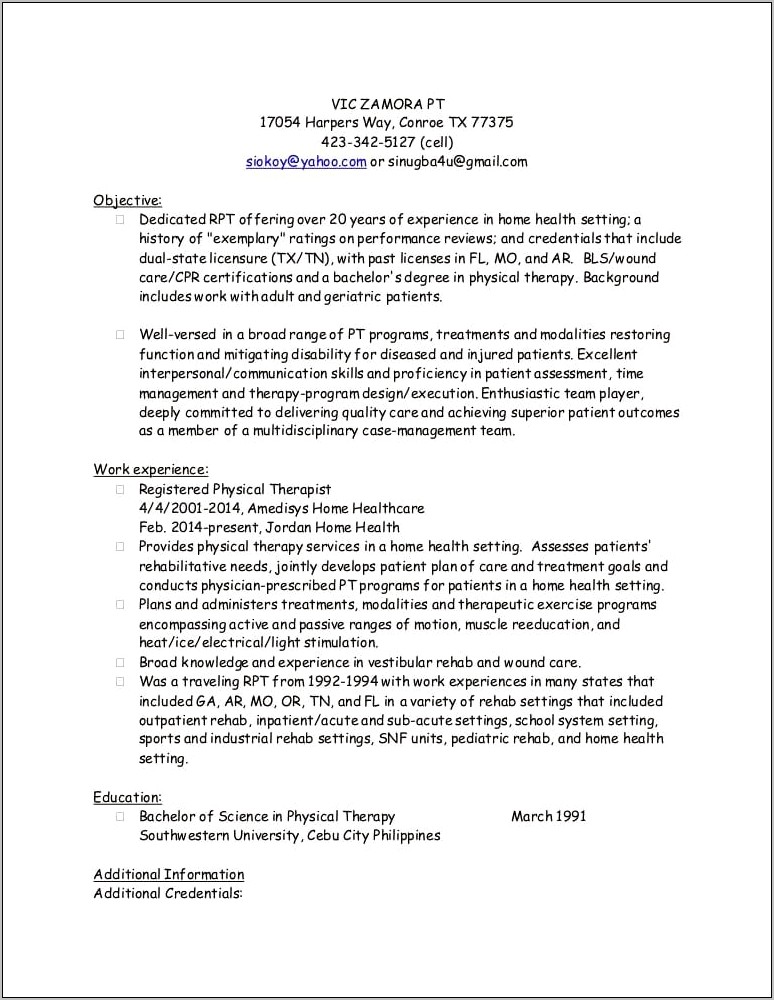Physical Therapist Quality Case Resume Job