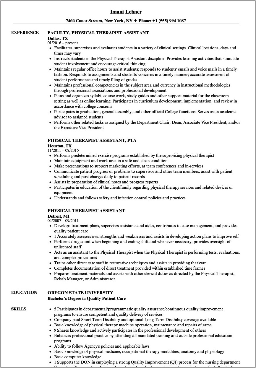 Physical Therapy Assistant Job Resume Examples