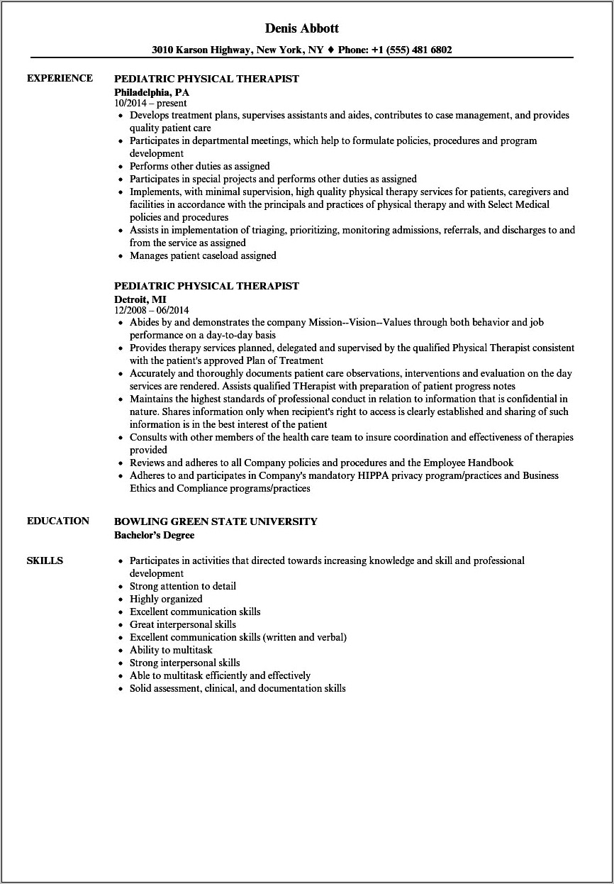 Physical Therapy Resume Examples New Grad