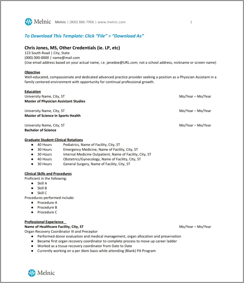 Physician Assistant Cv Pa Resume Sample