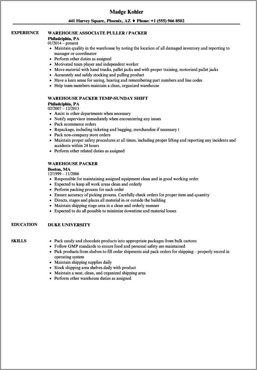 Pick Packer Resume Examples No Experience