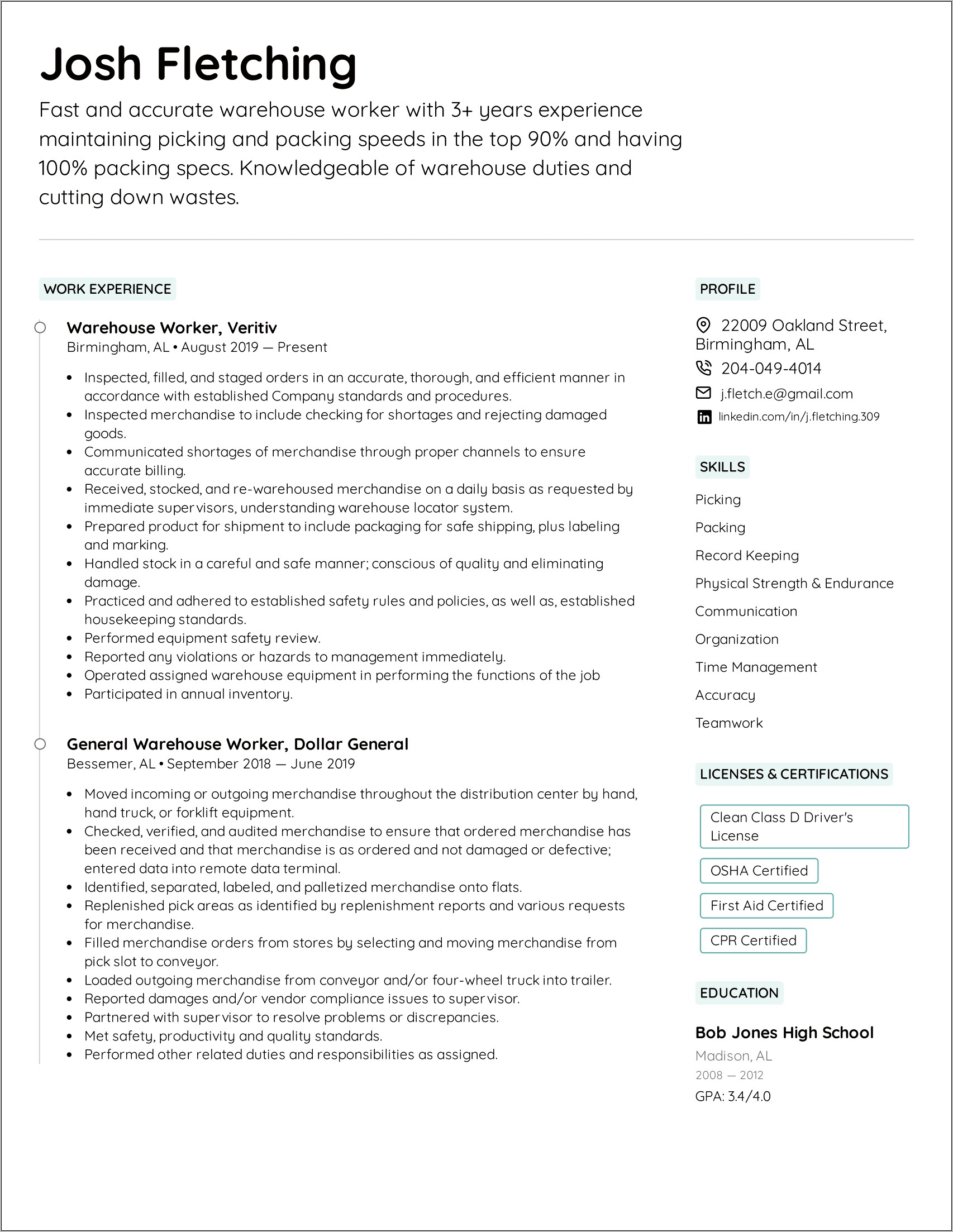 Picking And Packing Job Description Resume