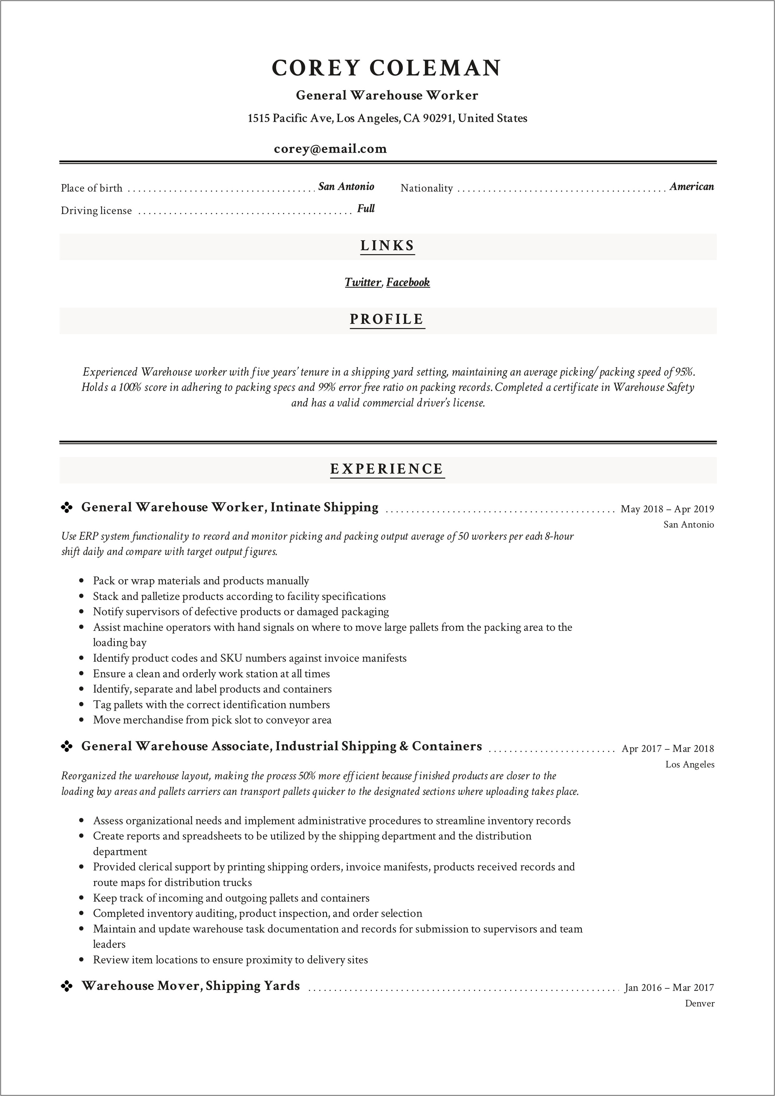 Picking And Packing Resume Example