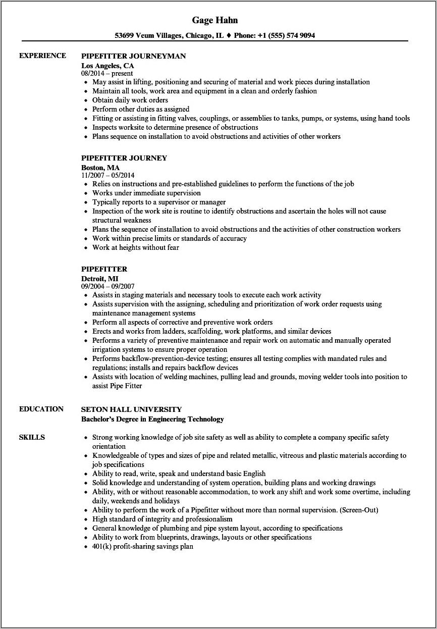 Pipe Fitting Forman Resume Examples