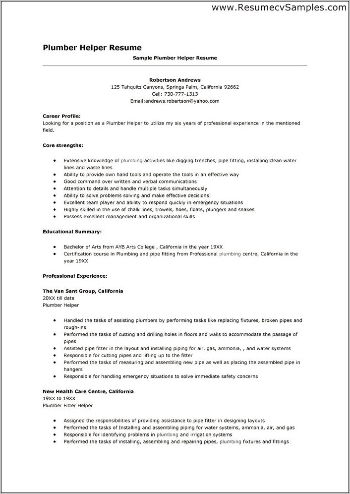 Pipefitter Helper Job Description For Resume