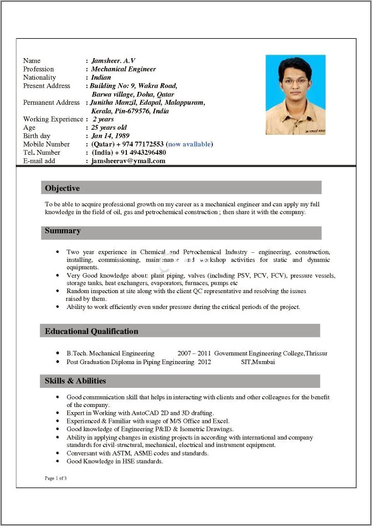 Piping Engineer 3 Years Experience Resume