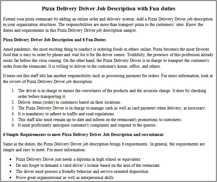 Pizza Delivery Driver Job Description Resume
