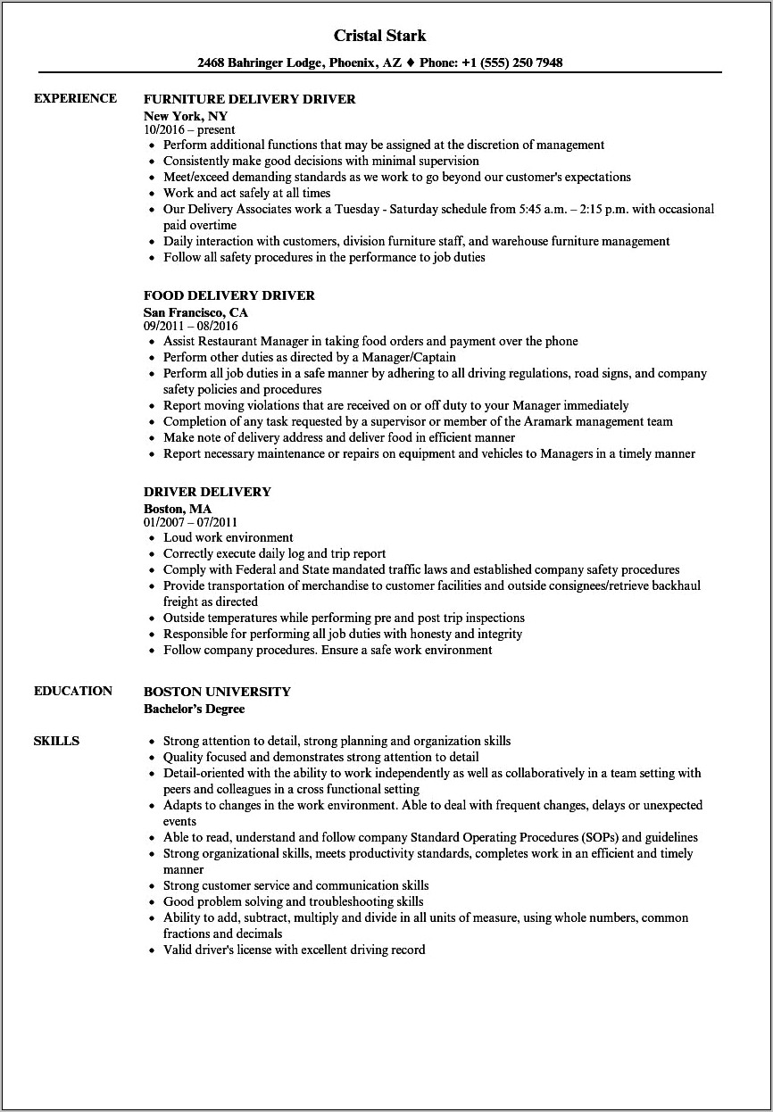 Pizza Delivery Driver Skills For Resume