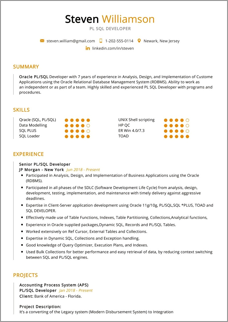 Pl Sql Developer Resume 2 Years Experience India