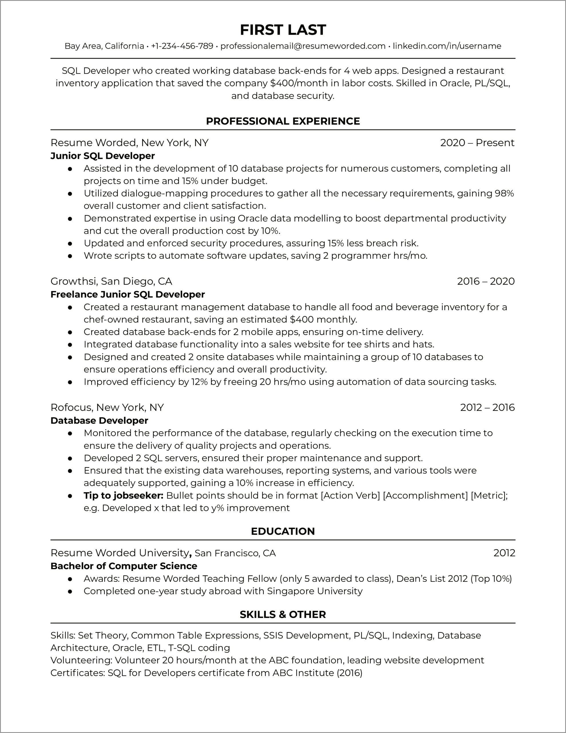 Pl Sql Resume For 4 Years Of Experience