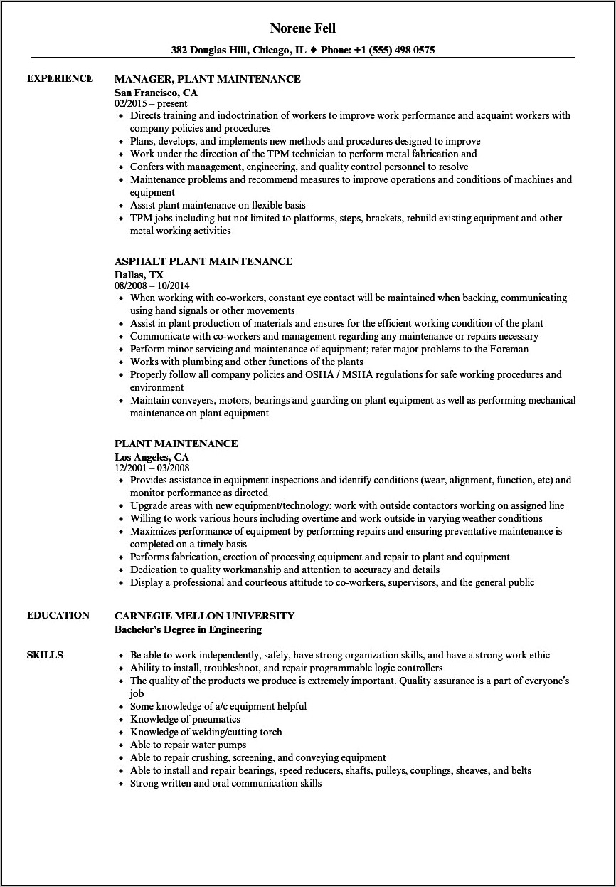 Plant Maintenance Job Description For Resume