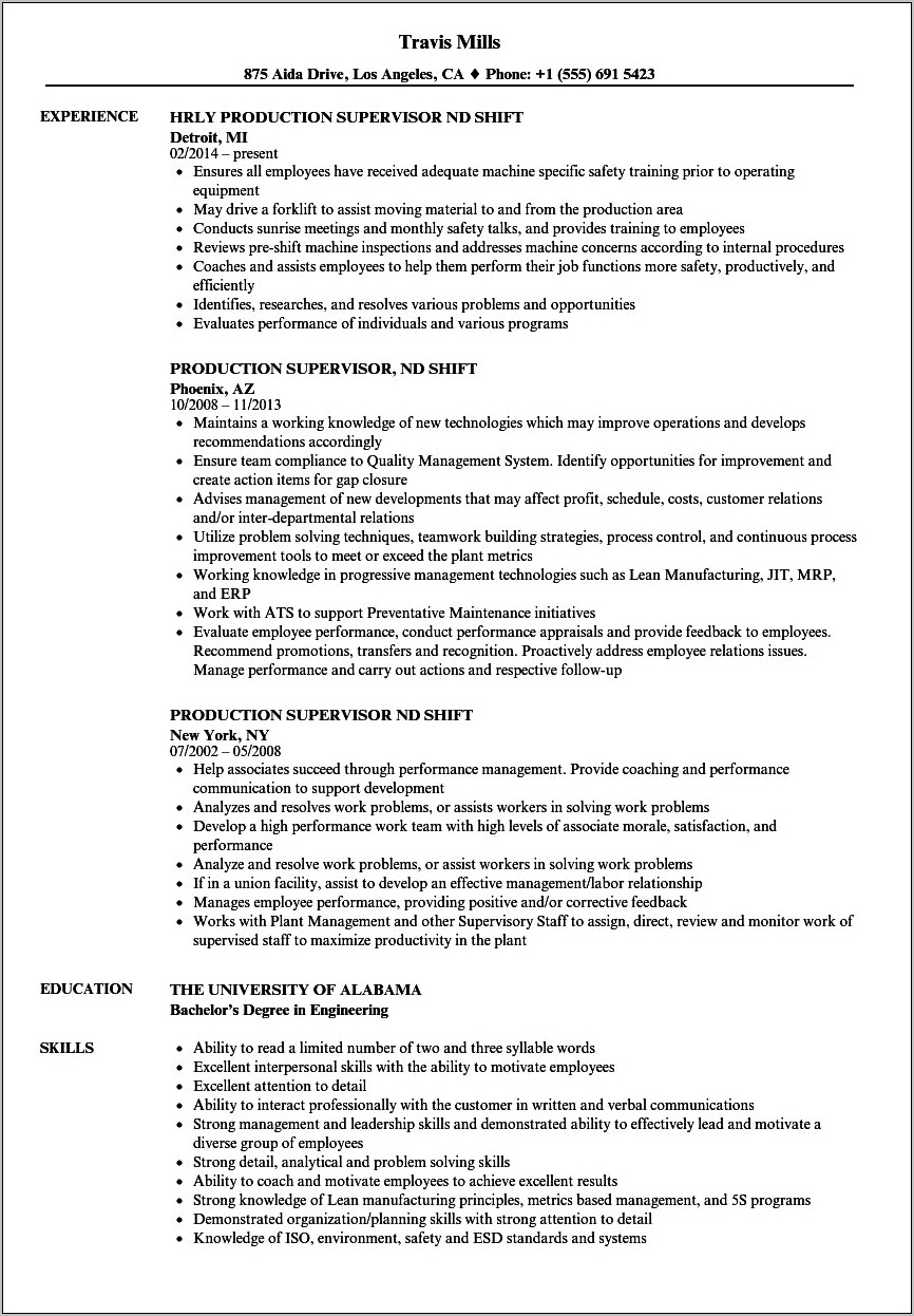 Plant Supervispr Job Description For Resume